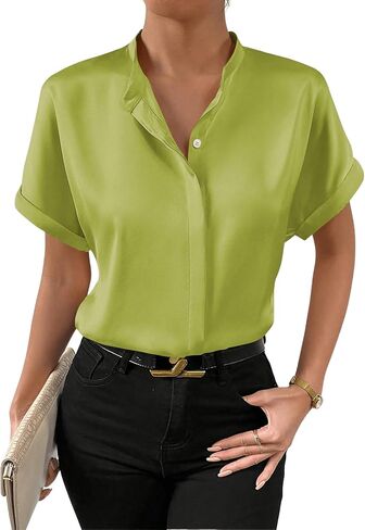 SweatyRocks Women's Elegant Stand Collar Button Dowm Shirt Short Sleeve Satin Blouse Top in Saudi Arabia