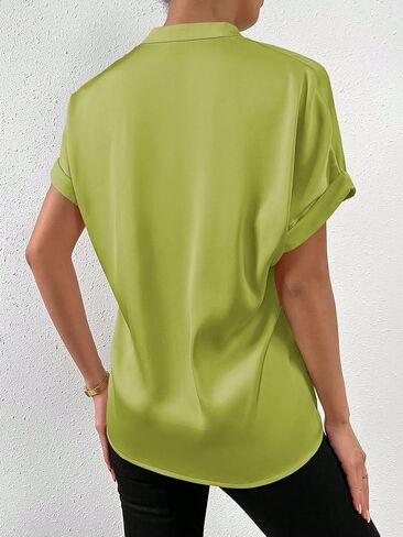 SweatyRocks Women's Elegant Stand Collar Button Dowm Shirt Short Sleeve Satin Blouse Top in Saudi Arabia