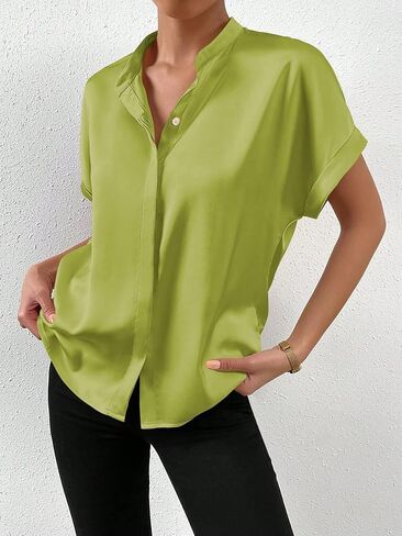 SweatyRocks Women's Elegant Stand Collar Button Dowm Shirt Short Sleeve Satin Blouse Top in Saudi Arabia