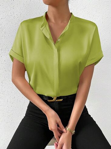 SweatyRocks Women's Elegant Stand Collar Button Dowm Shirt Short Sleeve Satin Blouse Top in Saudi Arabia