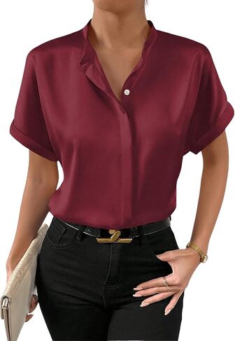 SweatyRocks Women's Elegant Stand Collar Button Dowm Shirt Short Sleeve Satin Blouse Top in Saudi Arabia