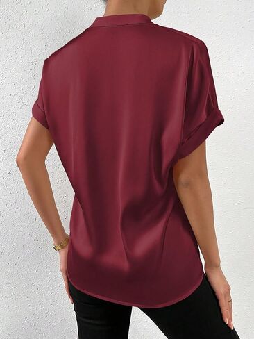 SweatyRocks Women's Elegant Stand Collar Button Dowm Shirt Short Sleeve Satin Blouse Top in Saudi Arabia