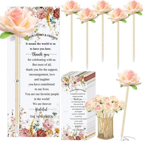 36 Set Wedding Favors for Guests Bulk Artificial Rose Pens Thank You Cards with Twine Flower Pens Ballpoint Pen Black Ink for Wedding Bridal Shower Games Proposal Gift (Cute Style) in Saudi Arabia