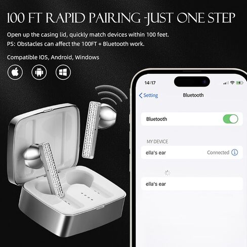 ELLA'S EARS Earbuds for Women Noise Cancelling Wireless Headphones with Jewelry Box 100 Hrs Playtime Headset with Charging Case Half-Ear Bluetooth Earphones for Android/iOS in Kuwait