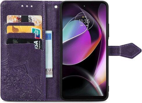 حافظة محفظة لهاتف Moto G Power 5G 2024، حافظة قلابة من جلد البولي يوريثان مزخرفة بزهور ماندالا وحزام معصم وفتحات بطاقة فوليو ومسند مغناطيسي وغطاء هاتف واقٍ لهاتف Motorola Moto G Power 5G 2024 أرجواني in Saudi Arabia