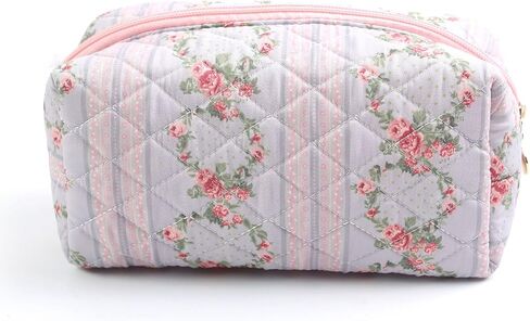 Floral Makeup Bag, Cute Quilted Makeup Toiletry Bag, Zipper Cosmetic Pouch, Daily Travel Use Skincare Bag, Multipurpose Organizer Bag (2Pack Pink + Blue) in Saudi Arabia