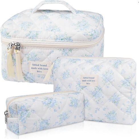 Makeup Bag Set, Quilted Makeup Bag, Large Floral Cosmetic Bag for Women, Cute Cotton Makeup Bags, Flower Travel Toiletry Organizer Bag in Saudi Arabia