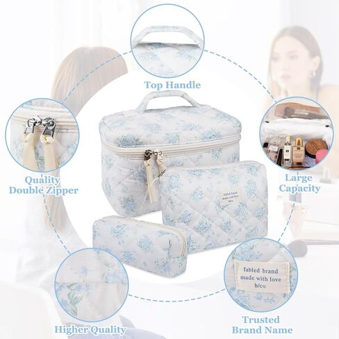 Makeup Bag Set, Quilted Makeup Bag, Large Floral Cosmetic Bag for Women, Cute Cotton Makeup Bags, Flower Travel Toiletry Organizer Bag in Saudi Arabia