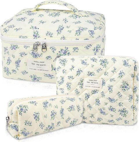 Makeup Bag Set, Quilted Makeup Bag, Large Floral Cosmetic Bag for Women, Cute Cotton Makeup Bags, Flower Travel Toiletry Organizer Bag in Saudi Arabia