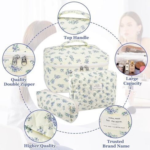 Makeup Bag Set, Quilted Makeup Bag, Large Floral Cosmetic Bag for Women, Cute Cotton Makeup Bags, Flower Travel Toiletry Organizer Bag in Saudi Arabia
