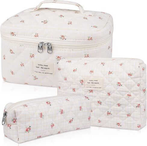 Makeup Bag Set, Quilted Makeup Bag, Large Floral Cosmetic Bag for Women, Cute Cotton Makeup Bags, Flower Travel Toiletry Organizer Bag in Saudi Arabia