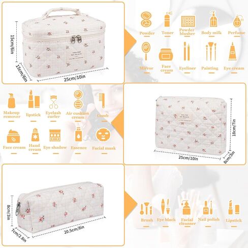 Makeup Bag Set, Quilted Makeup Bag, Large Floral Cosmetic Bag for Women, Cute Cotton Makeup Bags, Flower Travel Toiletry Organizer Bag in Saudi Arabia