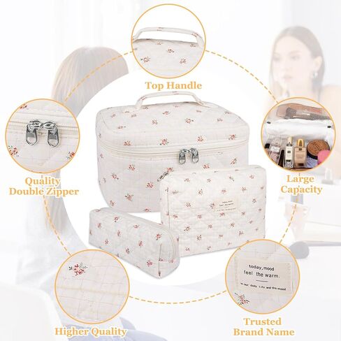 Makeup Bag Set, Quilted Makeup Bag, Large Floral Cosmetic Bag for Women, Cute Cotton Makeup Bags, Flower Travel Toiletry Organizer Bag in Saudi Arabia