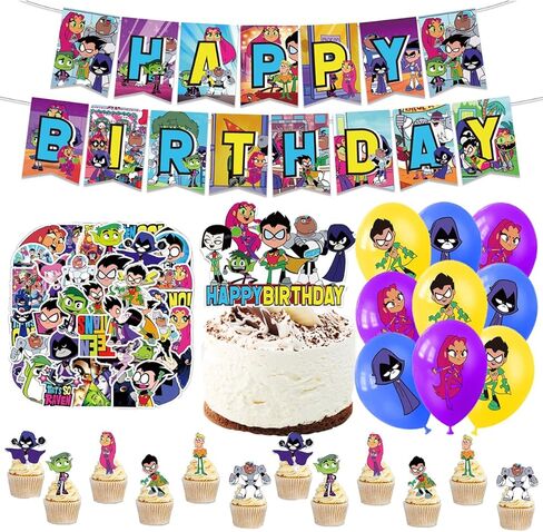 82PCS Party Supplies for Teen Titans Birthday ,sticker，Teen Titans Go Birthday Party Supplies， Cake Topper,Cupcake Toppers, Banner,balloons,for kids and adults birthday party decorations in Saudi Arabia