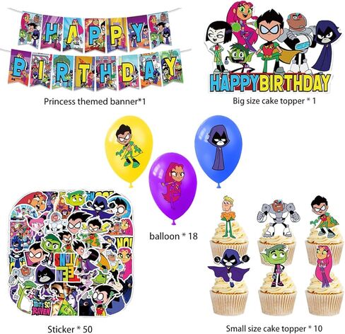 82PCS Party Supplies for Teen Titans Birthday ,sticker，Teen Titans Go Birthday Party Supplies， Cake Topper,Cupcake Toppers, Banner,balloons,for kids and adults birthday party decorations in Saudi Arabia