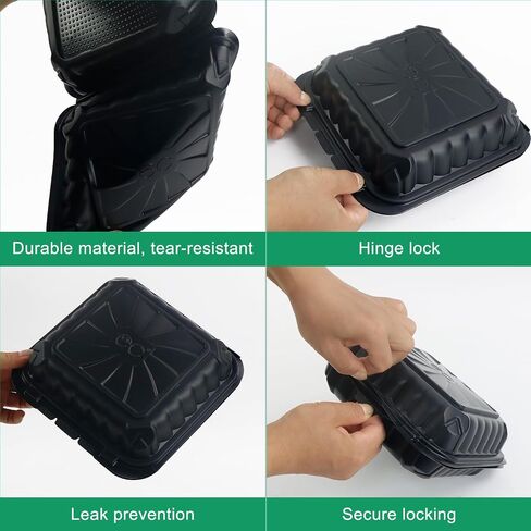 50 Pack 8x8x3.14 inch Hinged Clamshell Take Out Containers with Lids, To Go Containers ｜Salads Container | Cookie Boxes | Bakery Boxes | Dessert Boxes-Black in Saudi Arabia