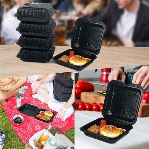 50 Pack 8x8x3.14 inch Hinged Clamshell Take Out Containers with Lids, To Go Containers ｜Salads Container | Cookie Boxes | Bakery Boxes | Dessert Boxes-Black in Saudi Arabia