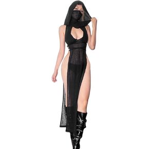 Women Hooded Long Dress Sexy Deep V Neck Plunging High Slit Sleeveless Sheer Maxi Dresses