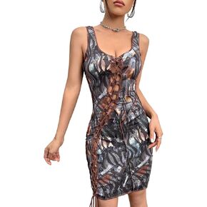 WDIRARA Women's Sexy Sleeveless Hollow Out Pencil Dresses Drawstring Contrast Binding Print Lace Up Front Dress