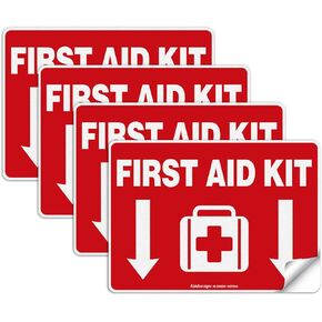 First Aid Kit Sticker, First Aid Kit Sticker Decal for Home, Schools and Business, 4 Pack, 10 x 7 inch Self-Adhesive Vinyl Decal Stickers, Reflective, UV Protected, Waterproof