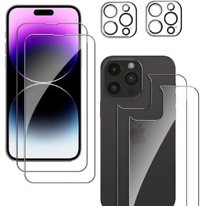 واقي شاشة أمامي وخلفي متوافق مع هاتف iPhone 14 مقاس 6.1 بوصة، قطعتان أماميتان + قطعتان واقي خلفي + قطعتان واقي عدسة الكاميرا 9H طبقة حماية صلابة لهاتف iPhone 14