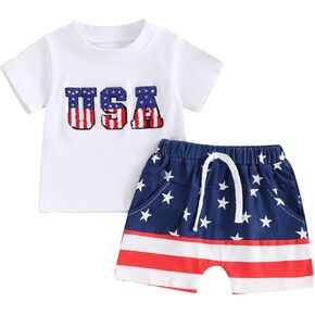 ZyHwShine Baby Boy 4th of July Outfit USA Short Sleeve T Shirts American Flag Shorts Set Fourth of July Toddler Outfit