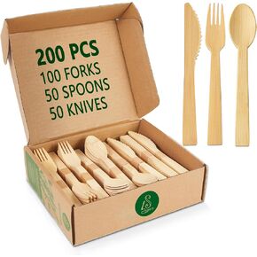 Disposable Bamboo Cutlery Set, 100% All-Natural, 200 pieces (100 Forks, 50 Spoons, 50 Knives), Eco-Friendly Biodegradable Disposable Cutlery for Party, Camping, Weddings (200)