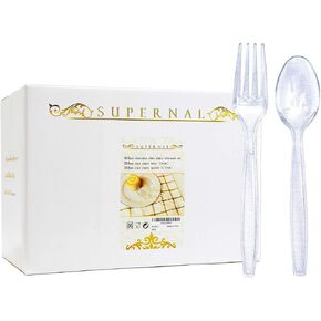 Supernal 360pcs Plastic Silverware, Clear Plastic Cutlery, Crystal Flatware, Heavy Weight Silverware, Plastic Forks and Spoons, Plastic Knives Disposable Suit for Birthday, Party, Daily Use