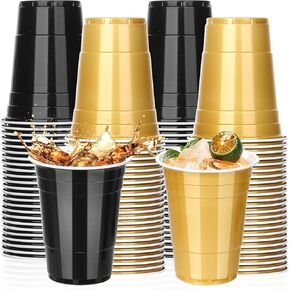 KesaPlan 50PCS 16 oz Plastic Cups Graduation Cups Black and Gold Cups Disposable Party Cups Bulk for Party Graduation Wedding Birthday Family Gatherings and Festive Celebrations