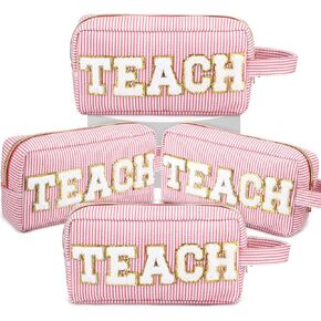 4 Pcs Preppy Makeup Bags Chenille Letter Patch Bag Face Skin Hair Stuff Cosmetic Bag Stripe Toiletry Cosmetic Case Travel Zipper Pouch Makeup Bag for Women Girl