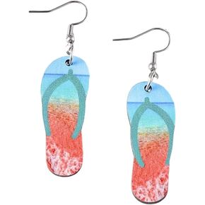 Hawaii Summer Dangle Earrings Funny Double-sided Print Wood Beach Earrings for Luau Hula Party Vocation Lightweight Tropical Coconut Palm Tree Flip-flops Shaped Holiday Dangle Earrings for Women Girls