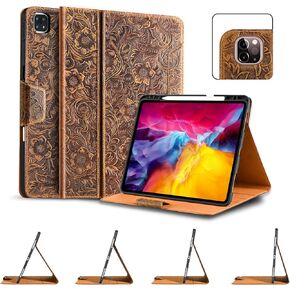 Gexmil Case for iPad Pro 11 Inch,4th/3rd/2nd/1st Generation(2022/2021/2020/2018) Genuine Leather Cover with Pencil Holder,Cowhide Folio Cover,Auto Sleep/Wake Magnetic Closure,Flower Brown