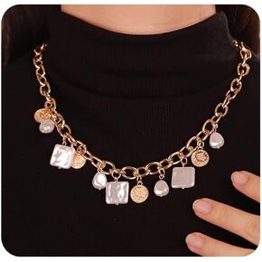 Boho Faux Pearl Coin Pendant Choker Necklace Drop Medallion Cable Link Chain Necklace Prom Party Festival Jewelry for Women