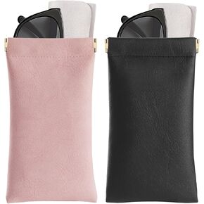 Marvolia Sunglass Case, 2 Pcs Portable Squeeze Top Glasses Cases Soft Eyeglass Cases for Women Men Pu Leather Glasses Pouch