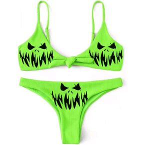 RARITYUS Women Shiny Rhinestone Skull Gothic Bikini 2 Piece Sexy Backless High Cut Swimsuit for Halloween Rave Festival