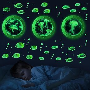 3D Jellyfish Fish Wall Stickers Glow in The Dark, Ocean Animals World Removable Decals for Kids Room Decor, Luminous Vinyl Stickers for Ceiling (Blue)