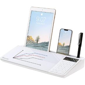 Homde Glass Desktop Whiteboard with Calculator Dry Erase Board Keyboard Tablet Stand Desk Organizer with Dotted Surface