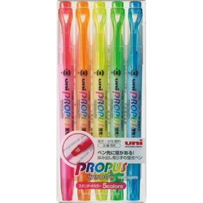 Uni Propus Window Double-Sided Highlighter Pen with 4.0 mm/0.6 mm Twin Tip, 5 Color Set (PUS102T5C)