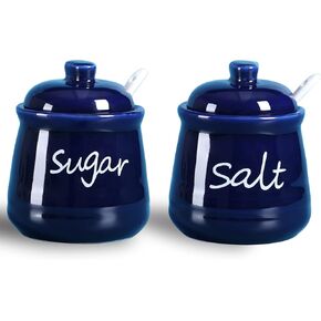 أوعية السكر والملح سعة 12 أونصة من ONTUBE مع غطاء وملعقة، وأواني توابل سيراميك، حاوية توابل برطمان توابل للمطبخ، آمنة للاستخدام في غسالة الأطباق (أبيض) in Kuwait