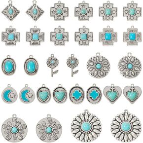 30Pcs Tibetan Style Turquoise Charms Bohemian Alloy Cross Round Earring Charms Retro Antique Silver Western Jewelry Pendant for DIY Boho Necklace Jewelry Making