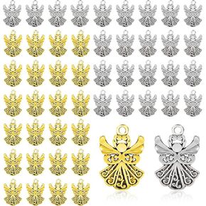 50PCS Metal Angel Charms for Jewelry Making, Alloy Antique Angel Wing Beads Bulk Fairy Cross Pendants Handmade Craft Supplies for Earring Bracelet Necklace DIY Craft (Gold & Silver)