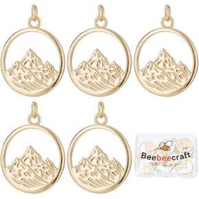 Beebeecraft 10Pcs/Box Mountain Charms 18K Gold Plated Brass Flat Round with Alps Mountain Dangle Pendants with Jump Ring for Jewelry Making Necklace Bracelet DIY Crafts