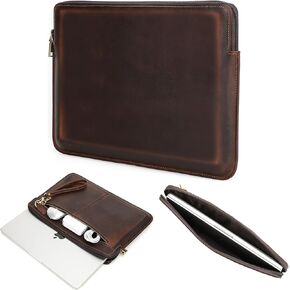 Top Grain Leather 14.2" Slim Laptop Handheld Zipper Bag, Vintage Design & 2 Pockets, Handmade, Compatible with MacBook Pro 14" 2021 2022 M1 Pro/M1 Max A2442 & Other PC, Red Brown 14.2 Inch