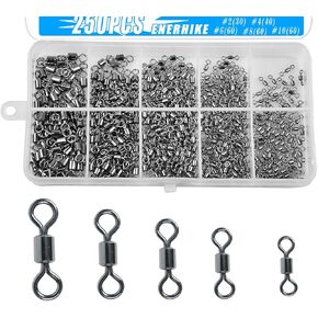 ENERHIKE 250pcs Fishing Swivel Rolling Barrel Swivel Stainless Steel Swivels Corrosion Resistance Black Nickle Connector for Freshwater Saltwater Fishing Tackle #2#4#6#8#10