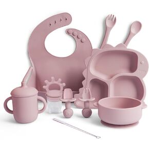 Silicone Baby Weaning Set, 10PCS Baby Feeding Set - Toddler Utensils, Baby Led Weaning Supplies with Dinosaur Plate, Bib, Cup, Suction Bowl, Forks, Spoons, Fruit Feeder, Clean Brush