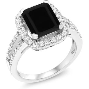 Gem Stone King 925 Sterling Silver Black Onyx Engagement Ring For Women (3.75 Cttw Emerald Cut, Gemstone Birthstone, Available in size 5, 6, 7, 8, 9)