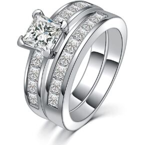 3ct 925 Sterling Silver Princess Clear Cubic Zirconia Engagement Rings Wedding Band Set Gifts Ring for Women