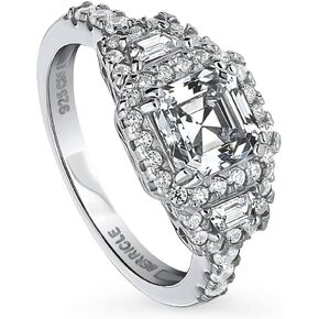 BERRICLE Sterling Silver Halo Wedding Engagement Rings Asscher Cut Cubic Zirconia CZ Statement 3-Stone Ring for Women, Rhodium Plated Size 4-10