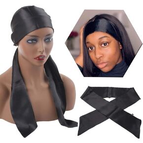 XTREND 2Pcs Women's Satin Edge Scarves for Wigs 58 Inch Silk Edge Laying Scarf for Women Non Slip Hair Wrap Wigs Grip Band for Yoga, Makeup, Facial, Sport (2 pcs, Black#)