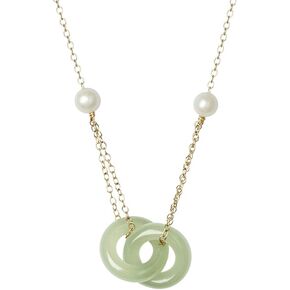 Jade Pendant with Two Interlaced Rings and two pearls, Jade Necklace with pearls Gold Plated 925 Sterling Silver Necklace Mothers day Gifts for Mom
